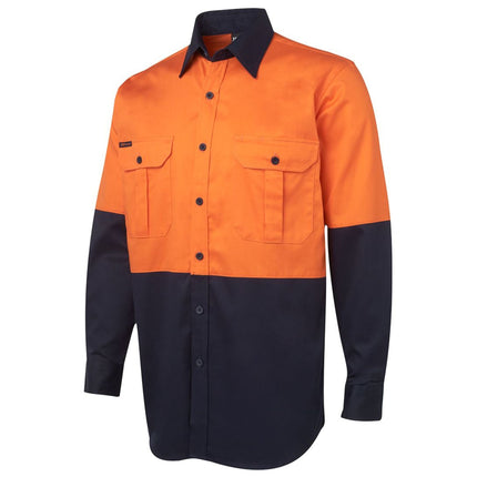 A close-up of a two-tone long-sleeve work shirt. The top is bright orange, and the bottom, sleeves, and collar are dark blue. It has a full button-down front.