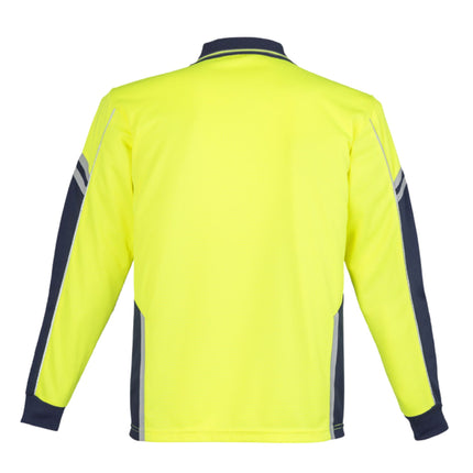 A rear view of a neon yellow and dark blue long-sleeve polo shirt. It has reflective stripes down the sleeves and a dark blue collar.
