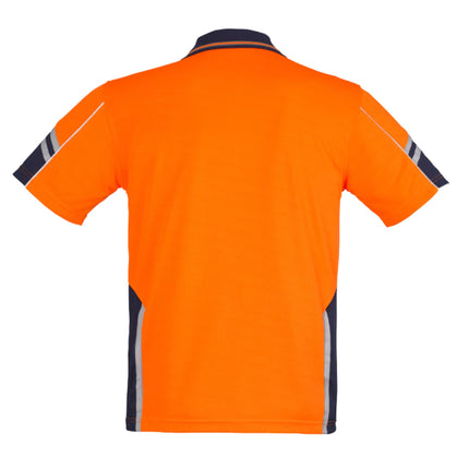 A rear view of a bright orange and dark blue polo shirt with gray reflective stripes on the sleeves and side panels.