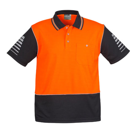 Orange and black polo shirt with white stripes on a white background