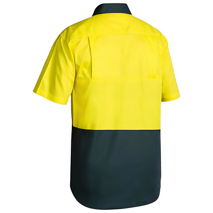 A rear view of a two-tone short-sleeve work shirt. The top half is bright yellow, and the bottom half is dark blue.