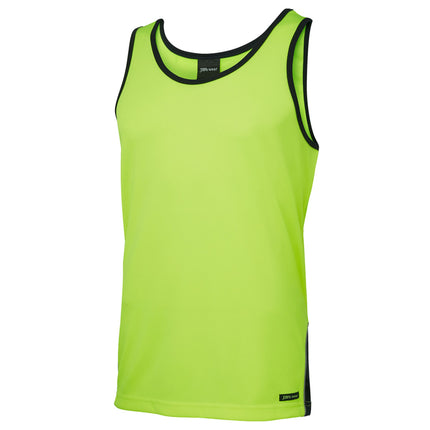 A close-up of a neon yellow work tank top with black trim on the neck and armholes. The fabric has a fine honeycomb texture.