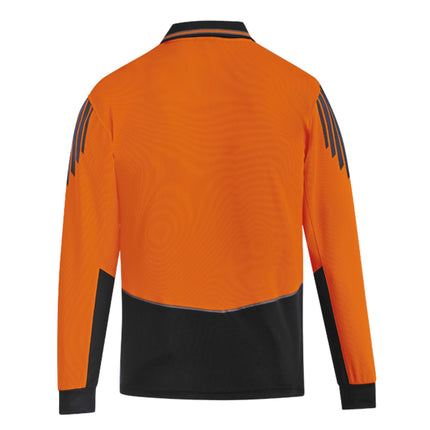 A rear view of a bright orange and black long-sleeve polo shirt. It features black stripes on the shoulders/sleeves and a contrast lower body panel.