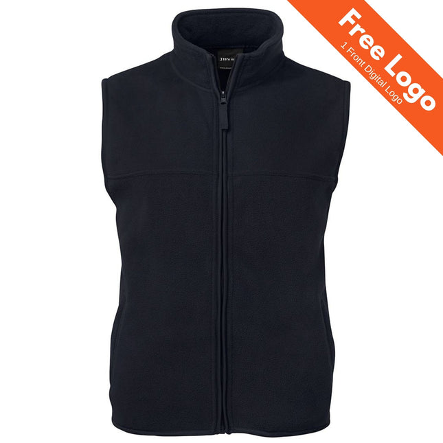 The JB's Wear Polar Durable Fleece Vest by JB's Wear is a black zip-up vest with a high collar, sleeveless design, and side pockets—perfect for workwear. Shown on white with an orange "Free Logo & 1 Front Digital Logo" banner for custom uniforms.