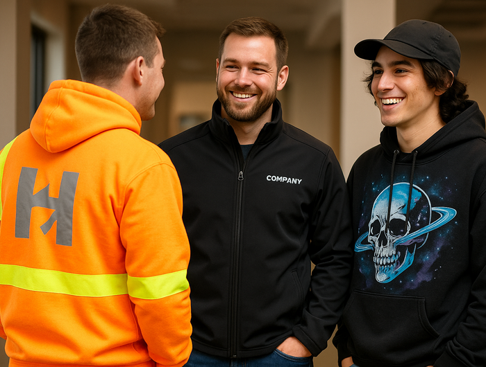 3 persons stay together, one is in hi vis hoodie with large silver reflecive logo on the back, anotehr person in black colour softshell jacket with small embroidery logo on the front chest, the 3rd person wear causal streetwear with cool print