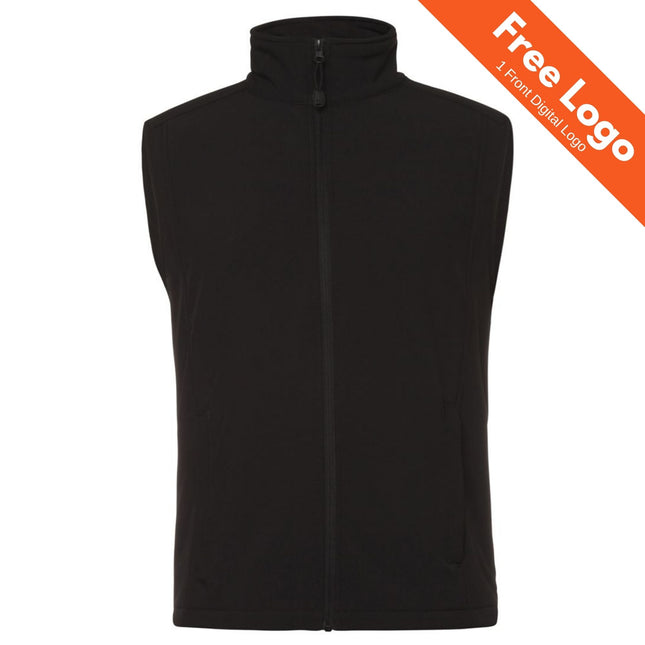 JB's Wear Layer Soft Shell Vest by JB's Wear—sleeveless, black, with high collar and microfleece lining, displayed on a white background. Orange banner: “Free Logo, 1 Front Digital Logo.”.
