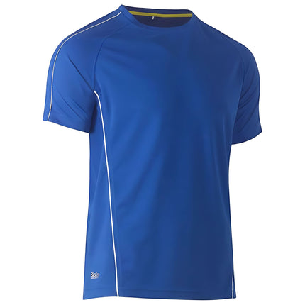 A close-up of a blue short-sleeve shirt with white piping on the sleeves and sides. It has a high collar with a yellow stripe on the back.