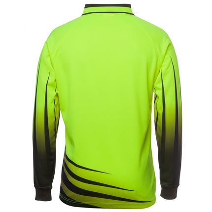 A rear view of a bright yellow long-sleeve polo shirt. The shirt has a black and gray striped pattern on the bottom left and a black and gray pattern on the sleeves.