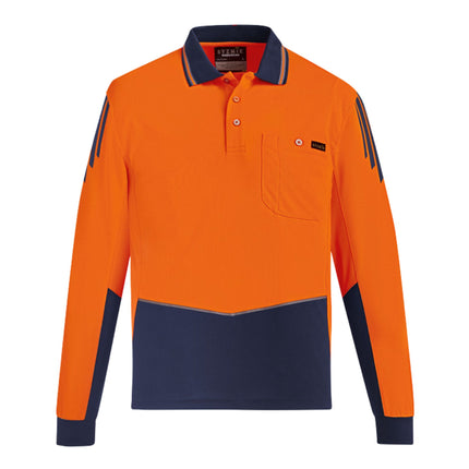 A bright orange and dark blue long-sleeve polo shirt. It features dark blue stripes on the shoulders/sleeves, a pocket, and contrast lower body and collar.