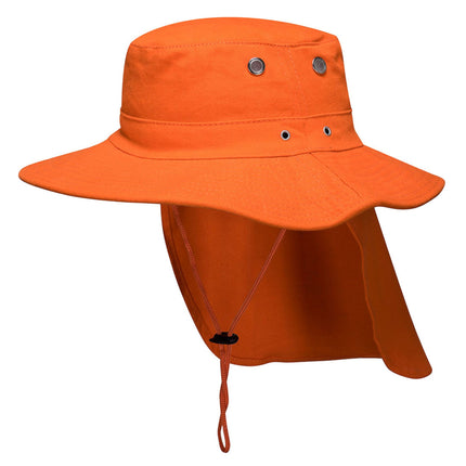 Orange bucket hat with a neck flap on a white background