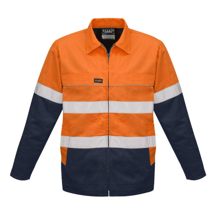 A front view of a long-sleeve, two-tone work jacket. The top is bright orange, and the bottom and sleeves are dark blue with white reflective stripes.