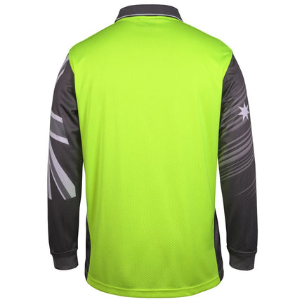A rear view of a neon yellow and dark gray long-sleeve polo shirt. The back is all neon yellow, and the sleeves are dark gray with white graphics.