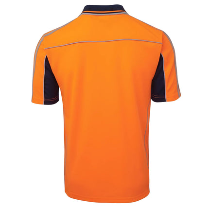 A rear view of a bright orange and dark blue short-sleeve polo shirt. The back is all orange, and the sleeves are dark blue with two reflective gray stripes.