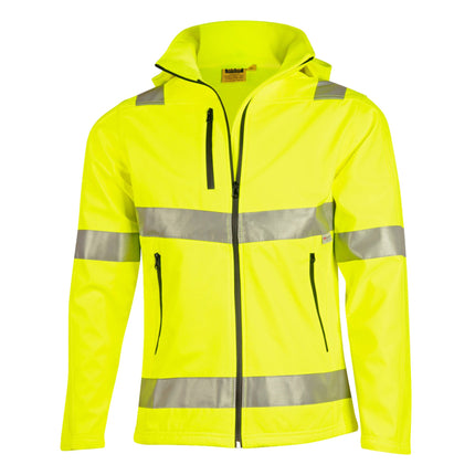 A close-up of a high-visibility neon yellow work jacket. It has a high collar, a hood, and two wide, gray reflective stripes across the torso and arms.