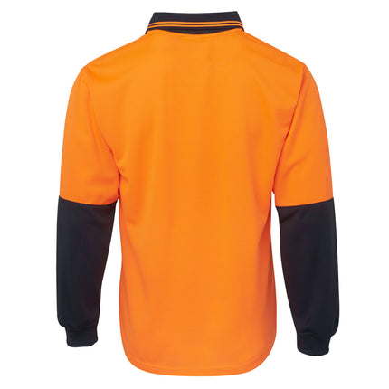 A rear view of an orange and dark blue long-sleeve polo shirt. The back is all orange, and the sleeves are dark blue.