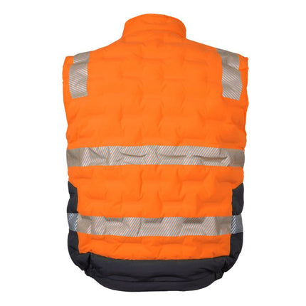 A rear view of an orange and black padded work vest. It has two wide, gray reflective stripes across the back and two matching stripes on the shoulders.