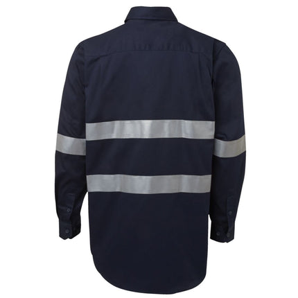 A rear view of a dark blue long-sleeve work shirt. It has a full button-down back and two wide, gray reflective stripes across the torso and arms.