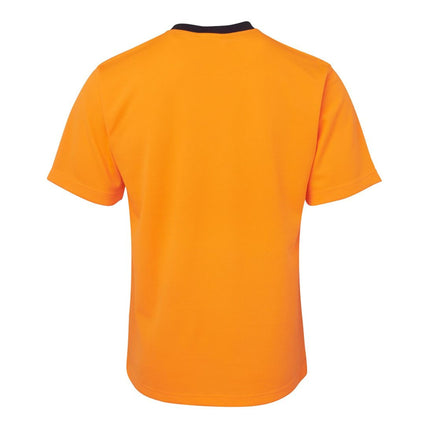 A rear view of a short-sleeve t-shirt. The back is all bright orange, and the collar is dark blue.