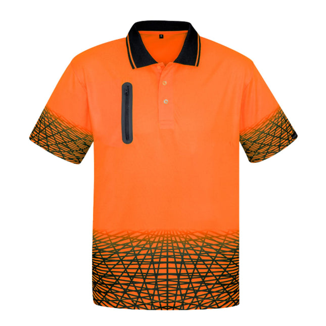A bright orange polo shirt with a black collar, a zippered chest pocket, and a black geometric pattern on the hem and sleeves.