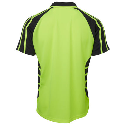 A rear view of a neon yellow and black short-sleeve polo shirt. The back is neon yellow, with a black, athletic-style striped pattern on the sides and sleeves.