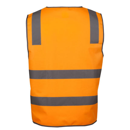 A rear view of a high-visibility orange vest with a full zipper down the back and two wide, gray reflective stripes across the torso and two on the shoulders.
