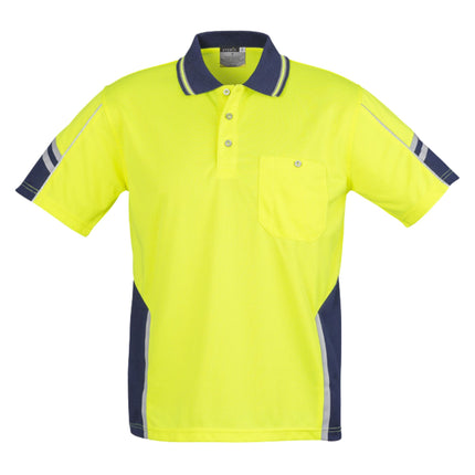 A neon yellow and dark blue polo shirt with a pocket, collar, and gray reflective stripes on the sleeves and side panels.