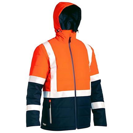 A full-length view of a bright orange and dark blue work jacket. The jacket has a hood, two reflective stripes on the torso and arms, and a gray zipper.
