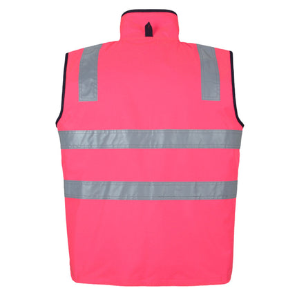 A rear view of a bright pink, high-visibility work vest. It has two wide, gray reflective stripes across the back and two matching stripes on the shoulders.