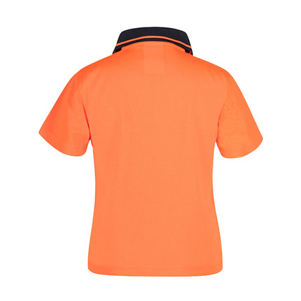 A rear view of a bright orange short-sleeve polo shirt. The collar is dark blue with two thin stripes.