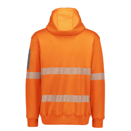 A rear view of a high-visibility orange hoodie with a hood. It has reflective stripes across the back and arms.