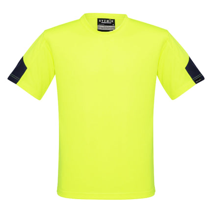 A close-up of a neon yellow and dark blue work vest. It has a high collar, a clear chest pocket, and gray reflective stripes.