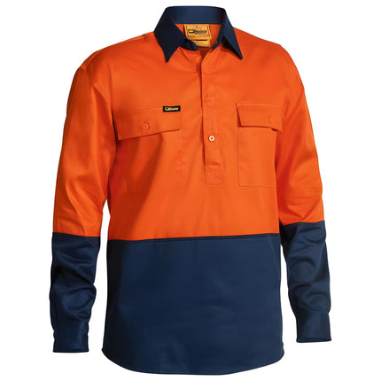 A bright orange and dark blue long-sleeve work shirt with a black collar. It has a button-down front and two chest pockets with button flaps.