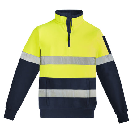  A close-up of a two-tone high-visibility work sweater. The top is neon yellow, and the bottom and sleeves are dark blue. It has a half zipper on the high collar and reflective stripes.