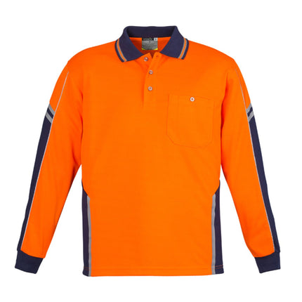 A front view of an orange and dark blue long-sleeve polo shirt. It has reflective stripes on the sleeves and a single chest pocket.