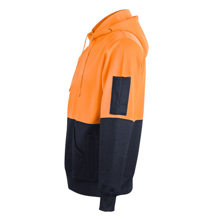 A side view of a two-tone hoodie. The top is bright orange with a small black pocket on the left sleeve, and the bottom is dark blue.