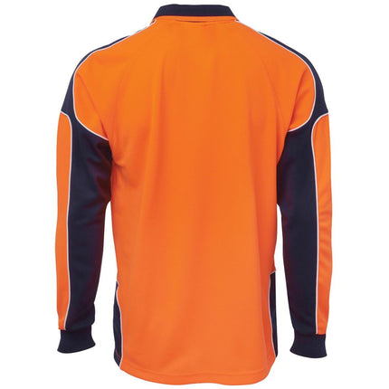 A rear view of an orange and dark blue long-sleeve polo shirt. The back is orange, with dark blue side panels and a dark blue collar.
