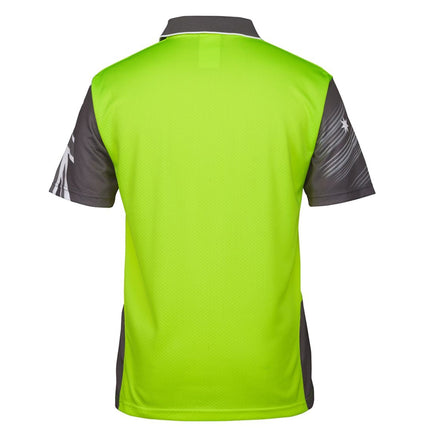 A rear view of a neon yellow and dark gray short-sleeve polo shirt. The back is all neon yellow, and the sleeves and side panels are dark gray with white graphics.