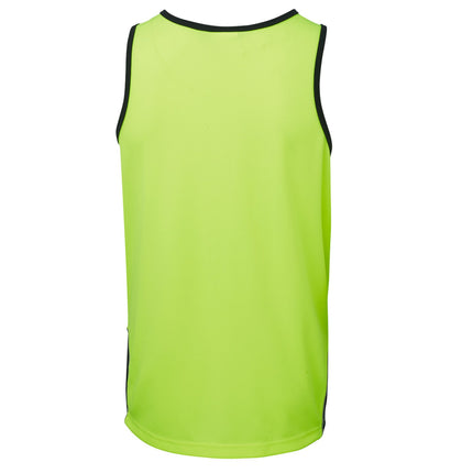 A rear view of a neon yellow work tank top with a black ribbed collar and armholes. The fabric has a fine honeycomb texture.
