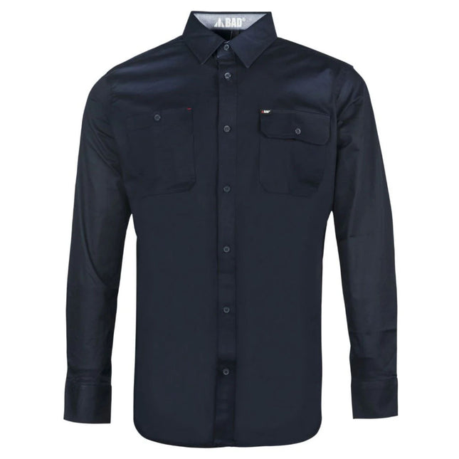 This Men's Stretch Long Sleeve Navy Work Shirt is designed for comfort and durability.