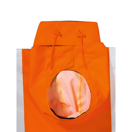 A close-up, top-down view of an orange work jacket's hood. The hood is unzipped and laid flat, showing the inner orange lining and drawstrings.