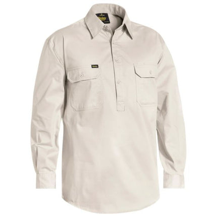 This Bisley men's long sleeve shirt combines lightweight, breathable drill fabric with a closed-front design for professional comfort and durability.
