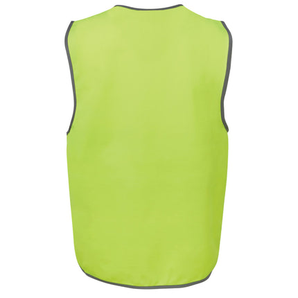 A close-up of a neon yellow high-visibility vest with gray trim. The vest has a V-neck and a front closure.