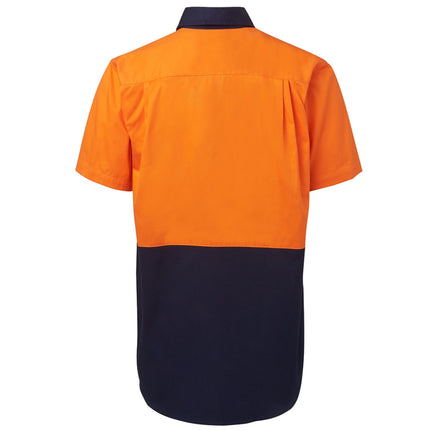 A rear view of an orange and dark blue short-sleeve work shirt. The back is bright orange, and the bottom is dark blue.