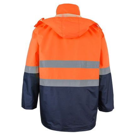 Two-tone orange and navy raincoat with reflective stripes on a white background