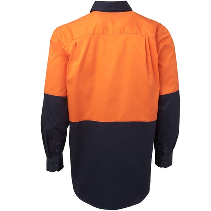 A rear view of an orange and dark blue long-sleeve work shirt. The back is bright orange, and the bottom and sleeves are dark blue.