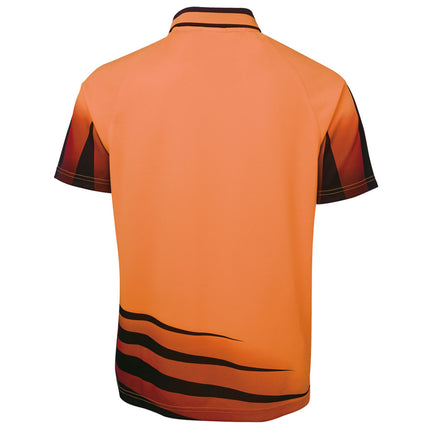 A rear view of an orange short-sleeve polo shirt. It has a black and red stripe pattern on the bottom left and on the sleeves.