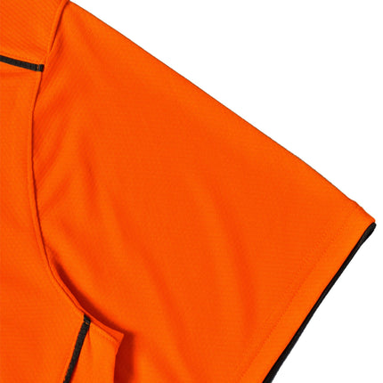 A close-up of a bright orange sleeve with a dark gray trim.