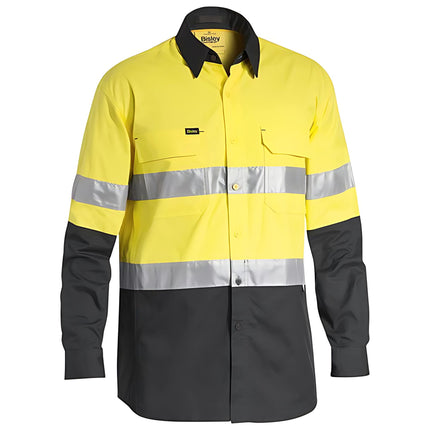 A front view of a two-tone long-sleeve work shirt. The top is bright yellow with two gray reflective stripes, and the bottom, sleeves, and collar are dark gray.