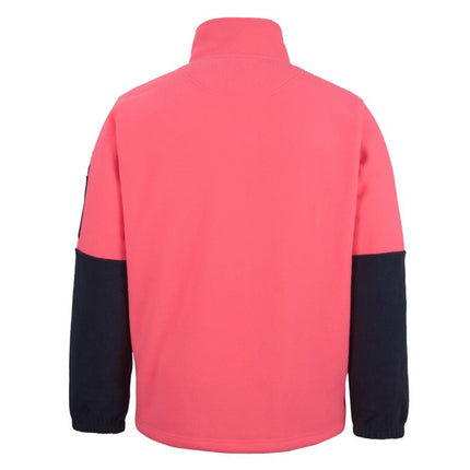 A rear view of a two-tone fleece pullover. The top is bright pink, and the bottom and sleeves are dark blue.