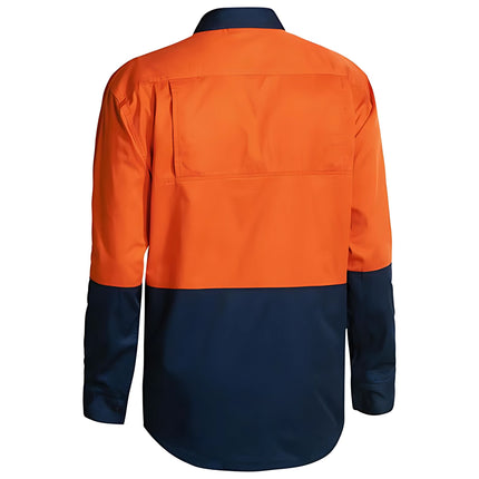 A rear view of a two-tone long-sleeve work shirt. The back is bright orange and the bottom and sleeves are dark blue.